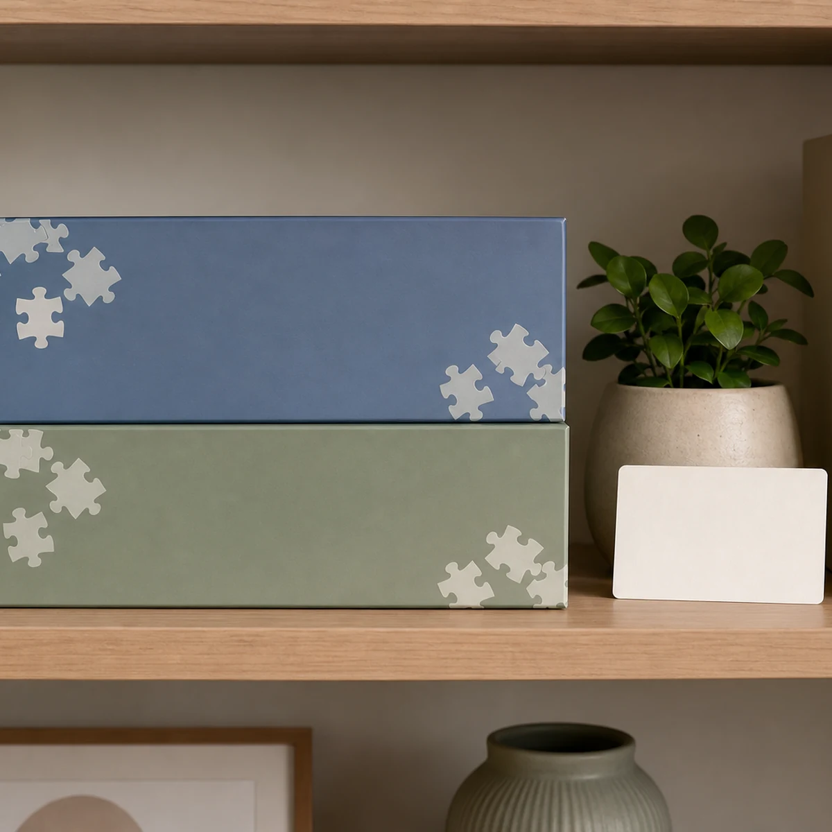 Non-branded puzzle return mailer gift context